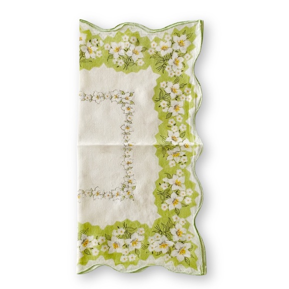 Antique Midcentury Off White Green Scalloped Floral Cotton Linen Handkerchief - Picture 3 of 6